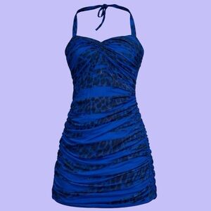 Early 2000s Y2K Royal Blue and Black Leopard Print Ruched Halter Dress